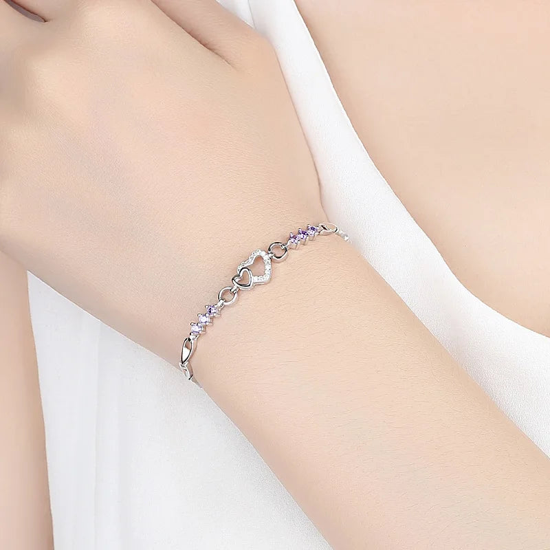 New 925 Sterling Silver Bracelet Purple Crystal Zircon Heart For Woman Charm Bracelet Jewelry Gift