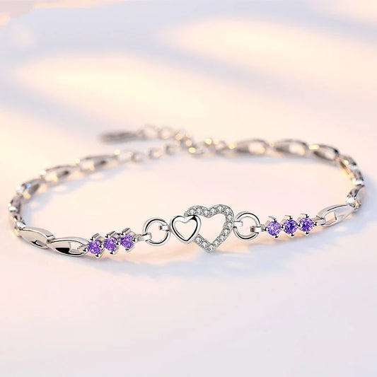 New 925 Sterling Silver Bracelet Purple Crystal Zircon Heart For Woman Charm Bracelet Jewelry Gift